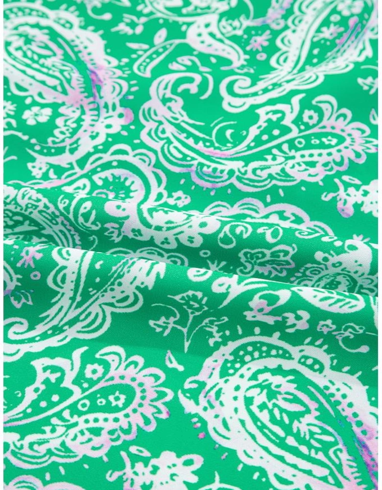 Green Paisley Print Long Sleeve Button Front Tied Waist Mini Dress