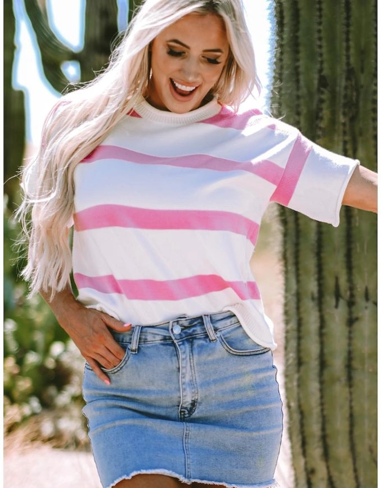 Pink Stripe Dropped Short Sleeve Lightweight Knitted Top