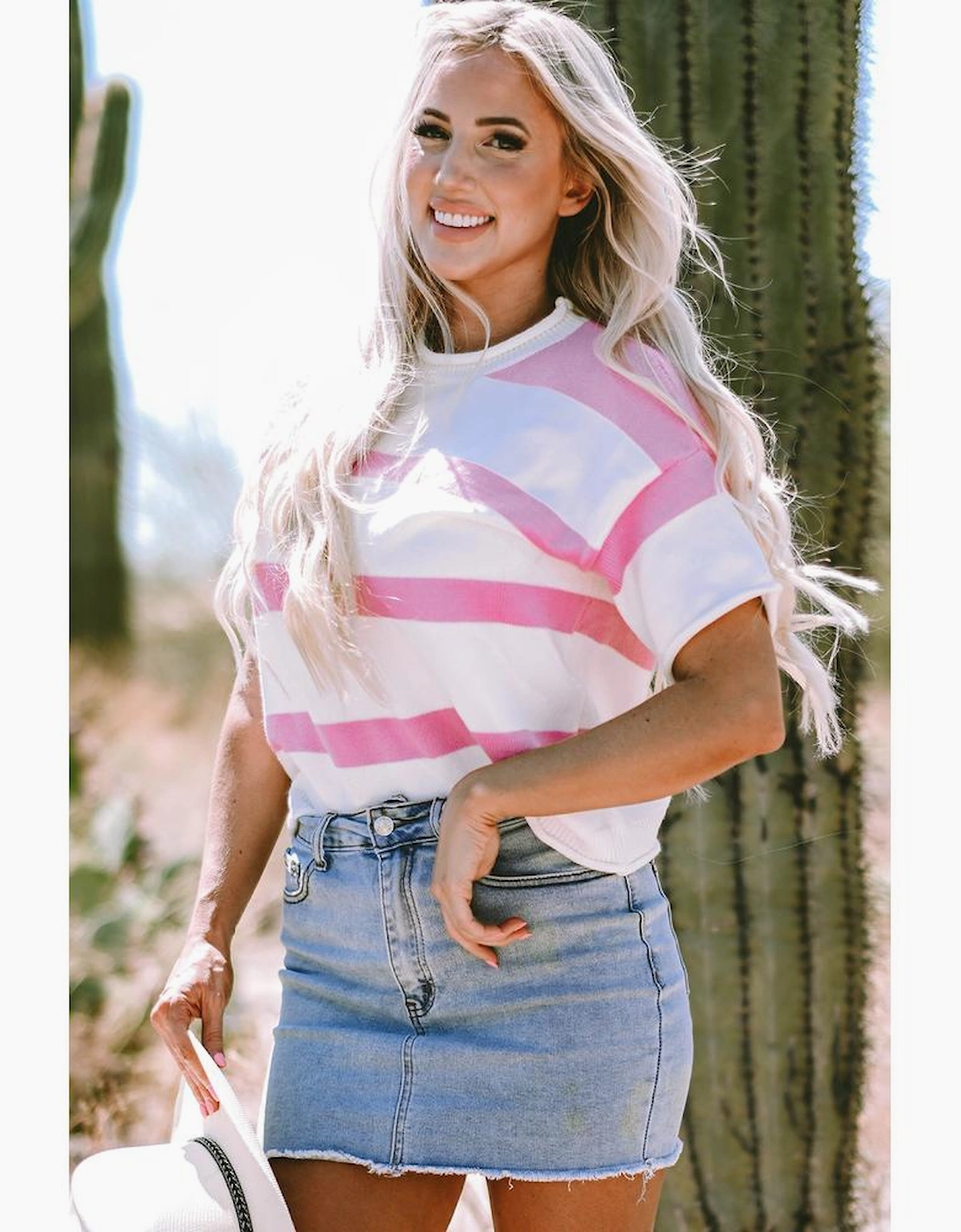 Pink Stripe Dropped Short Sleeve Lightweight Knitted Top