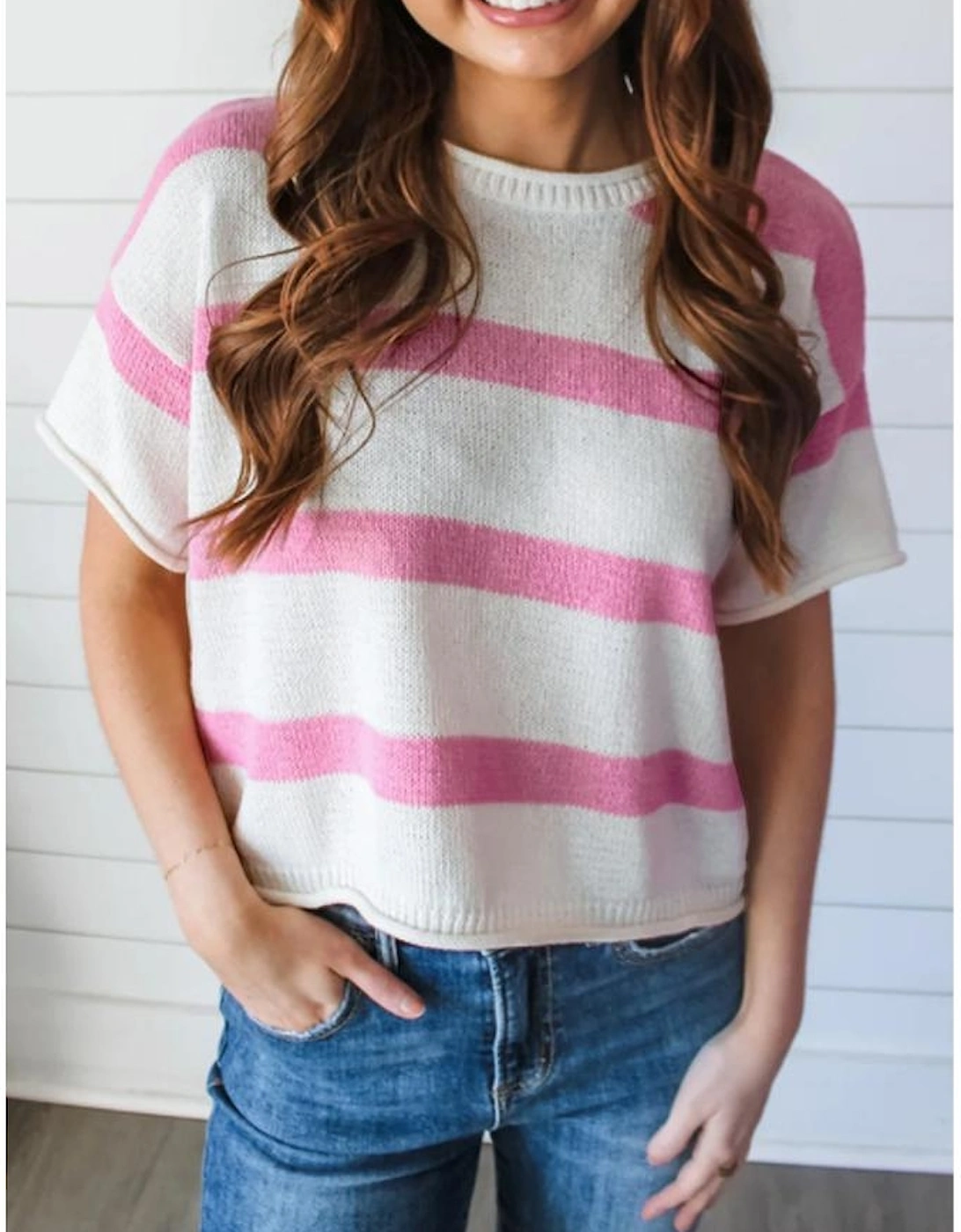 Pink Stripe Dropped Short Sleeve Lightweight Knitted Top