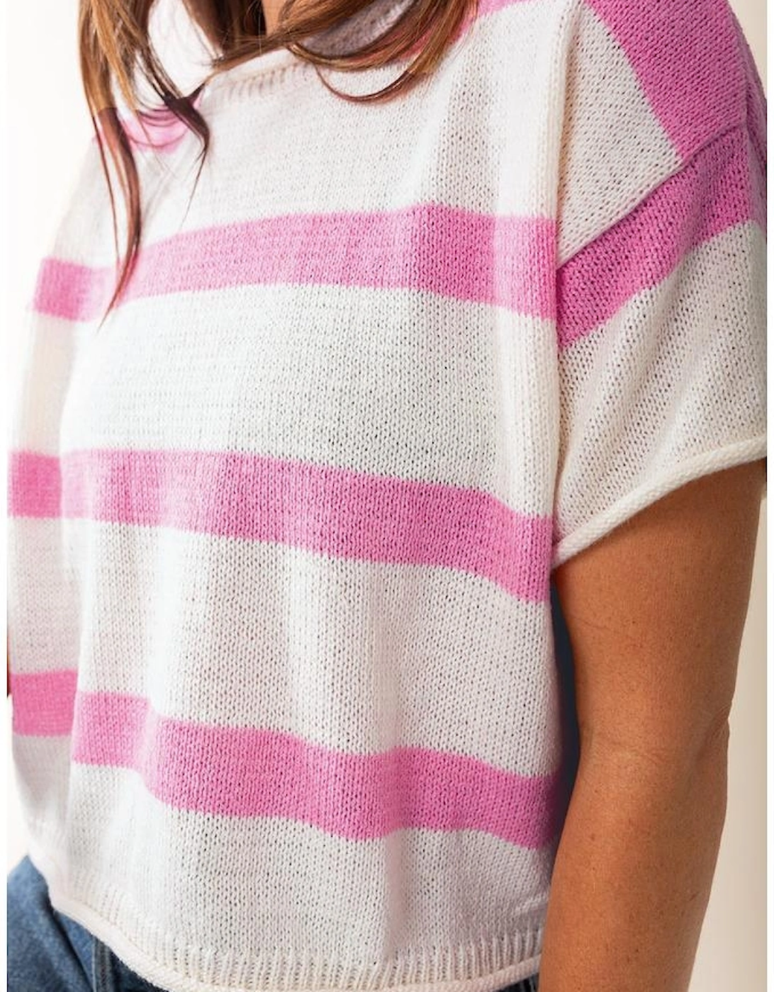 Pink Stripe Dropped Short Sleeve Lightweight Knitted Top