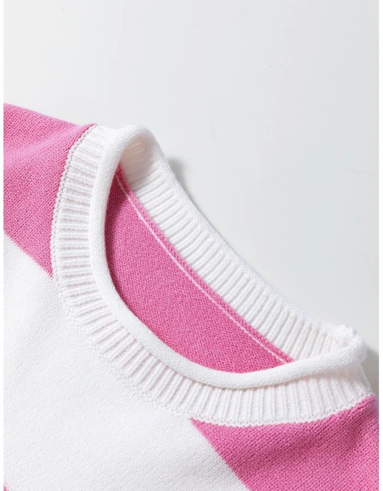 Pink Stripe Dropped Short Sleeve Lightweight Knitted Top