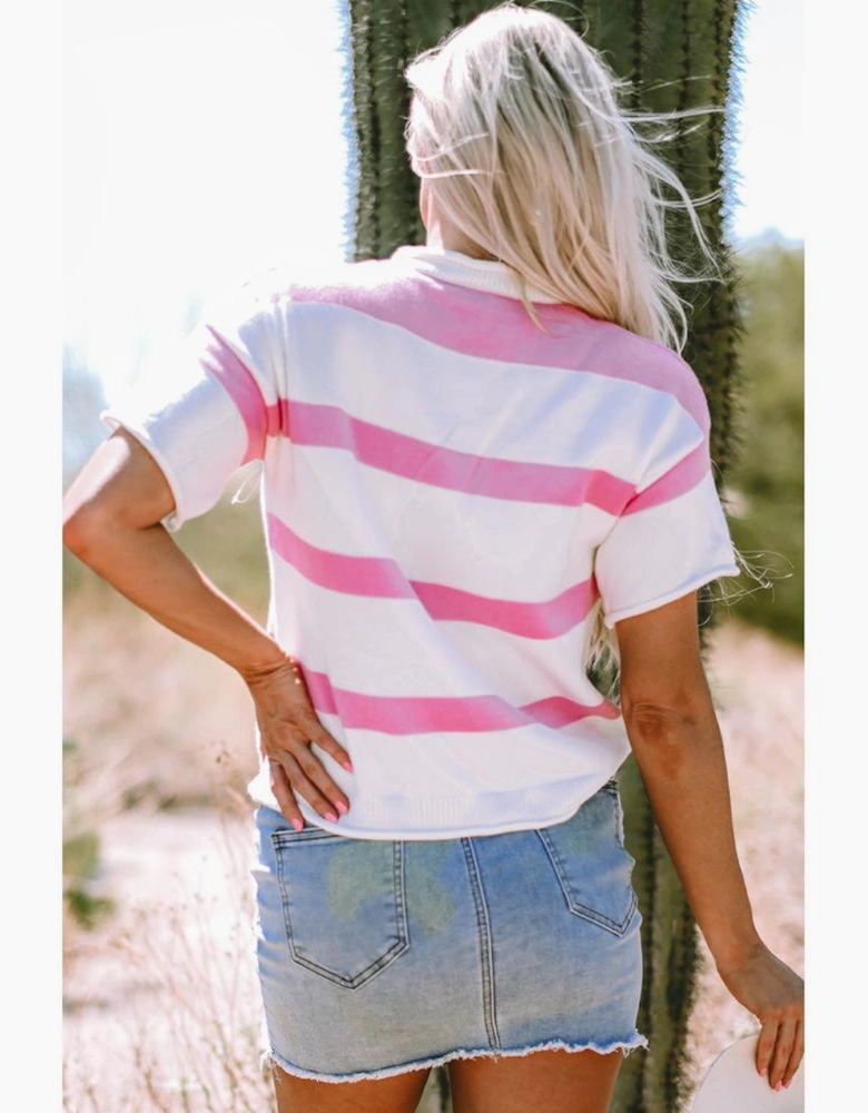 Pink Stripe Dropped Short Sleeve Lightweight Knitted Top