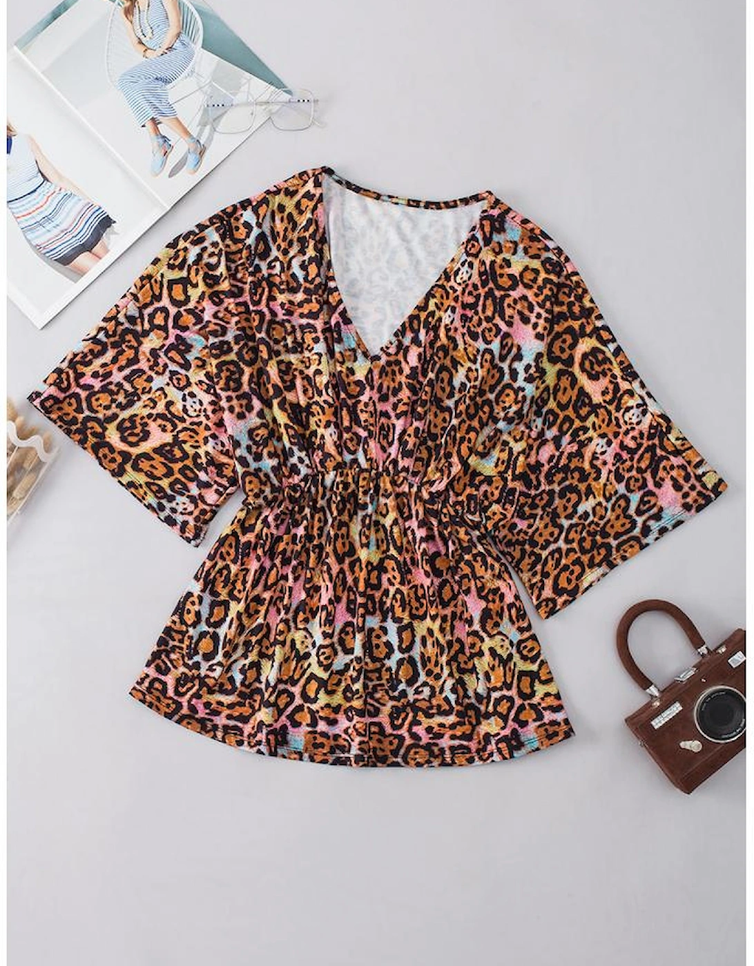 White Leopard Print Wide Sleeve Peplum Hem Blouse