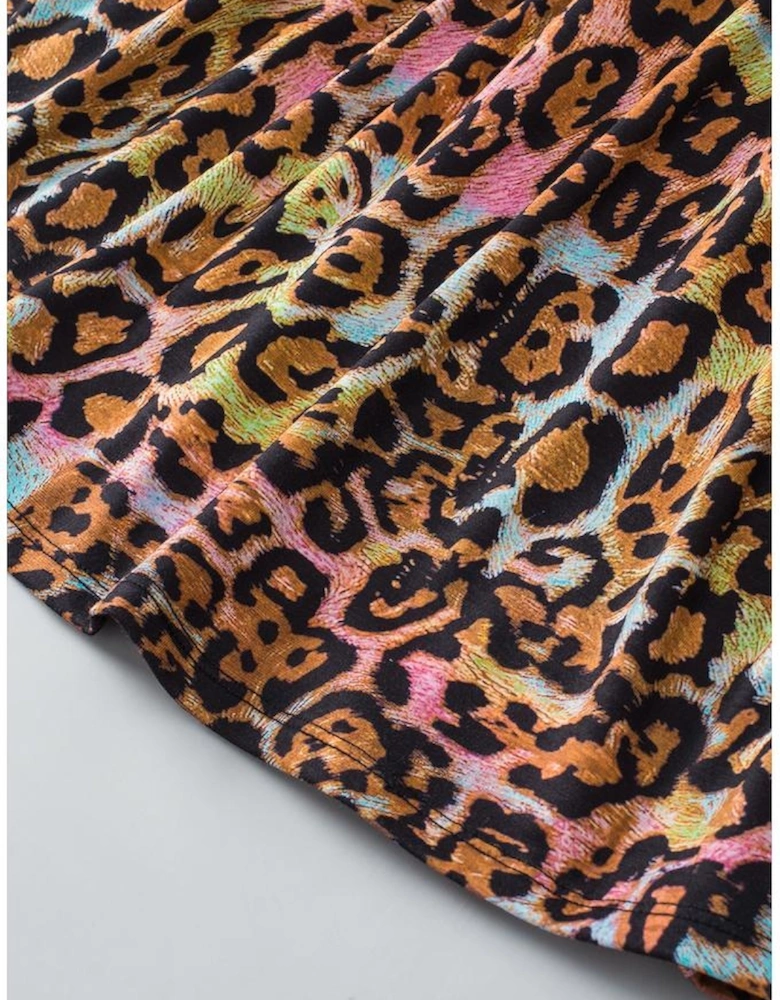 White Leopard Print Wide Sleeve Peplum Hem Blouse