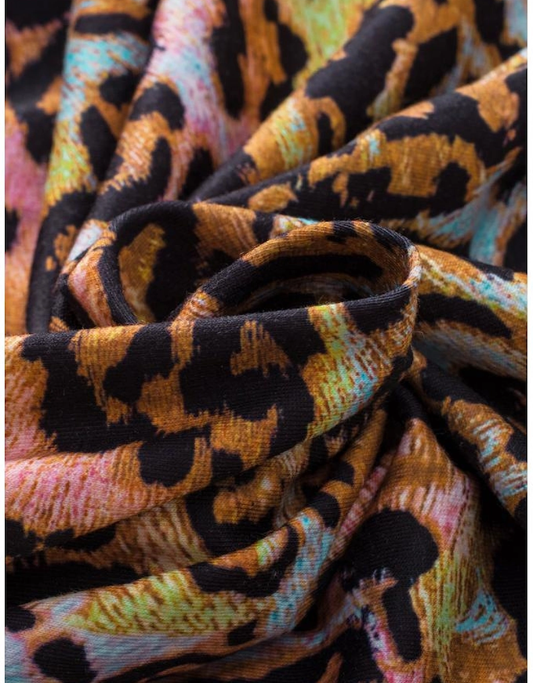 White Leopard Print Wide Sleeve Peplum Hem Blouse