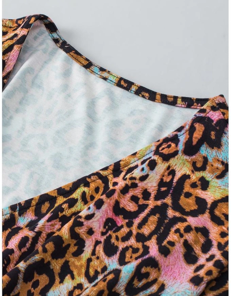 White Leopard Print Wide Sleeve Peplum Hem Blouse