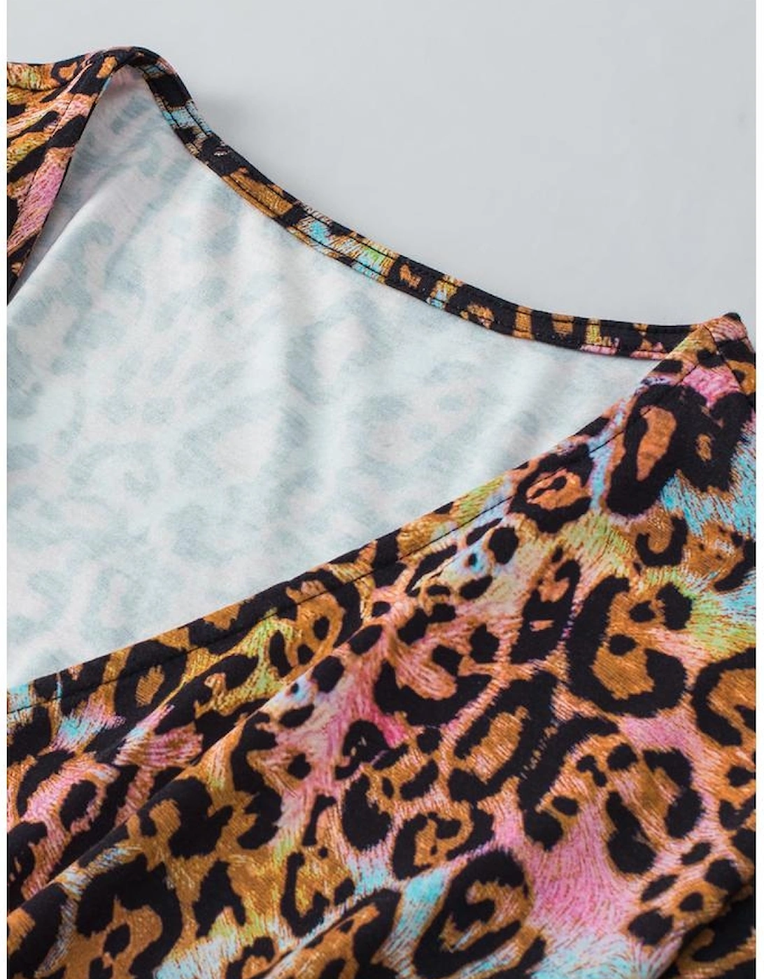 White Leopard Print Wide Sleeve Peplum Hem Blouse