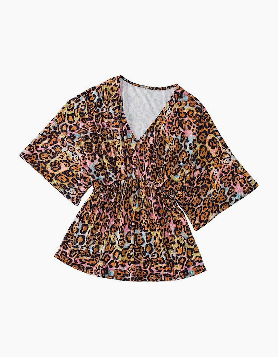 White Leopard Print Wide Sleeve Peplum Hem Blouse