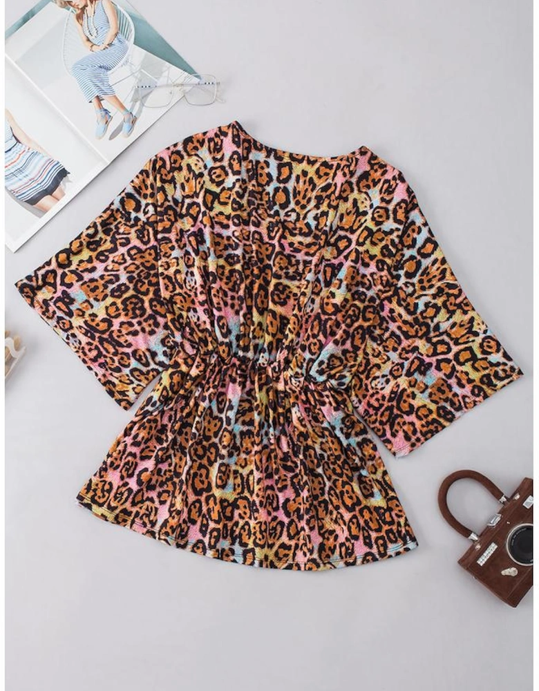 White Leopard Print Wide Sleeve Peplum Hem Blouse