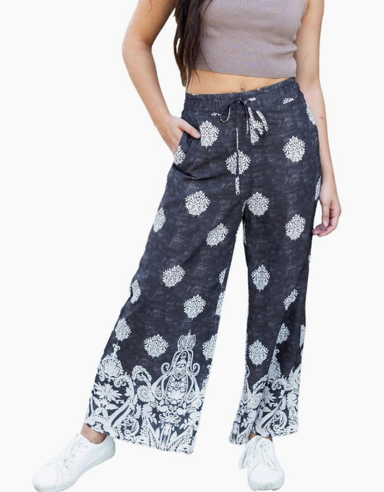 Black Bohemian Printed Drawstring Waist Wide Leg Pants