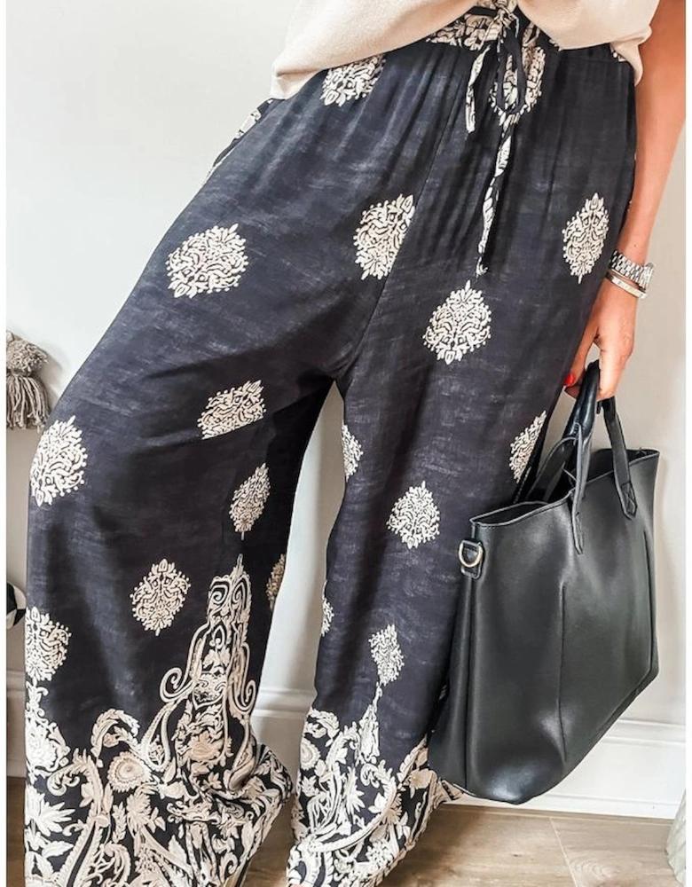Black Bohemian Printed Drawstring Waist Wide Leg Pants
