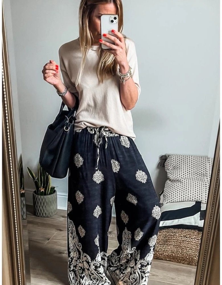 Black Bohemian Printed Drawstring Waist Wide Leg Pants