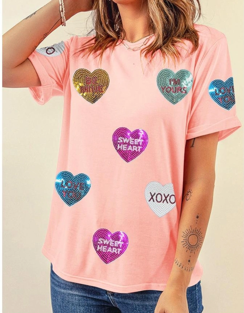 Pink Sequin Valentines Lettering Heart Patched Crewneck T Shirt