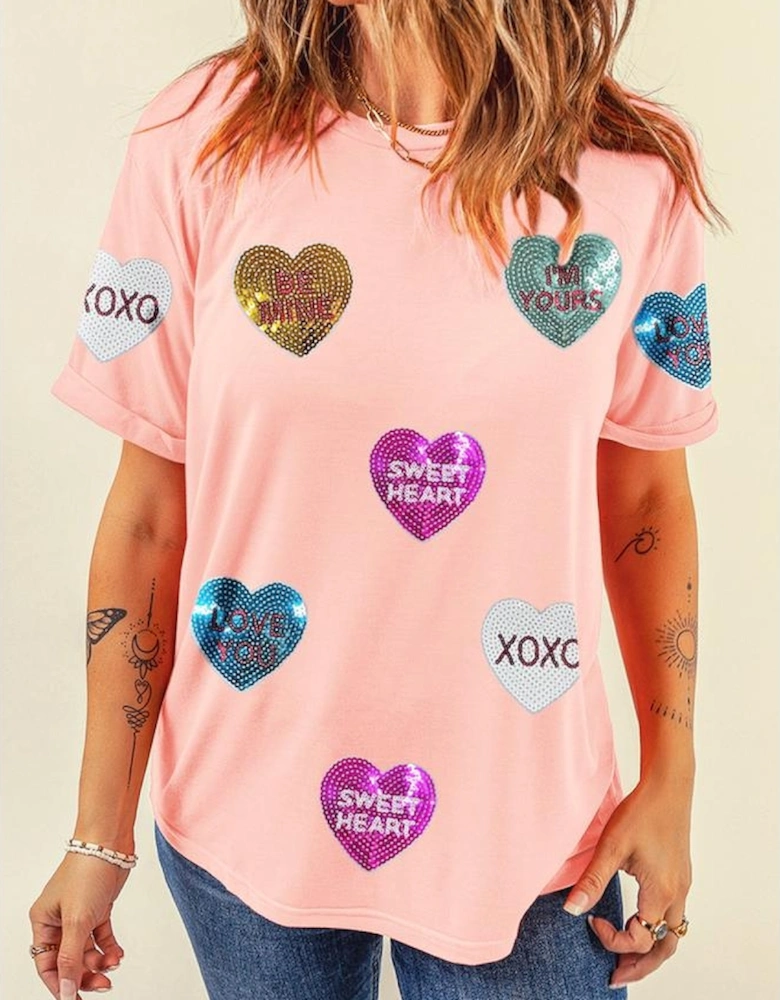 Pink Sequin Valentines Lettering Heart Patched Crewneck T Shirt