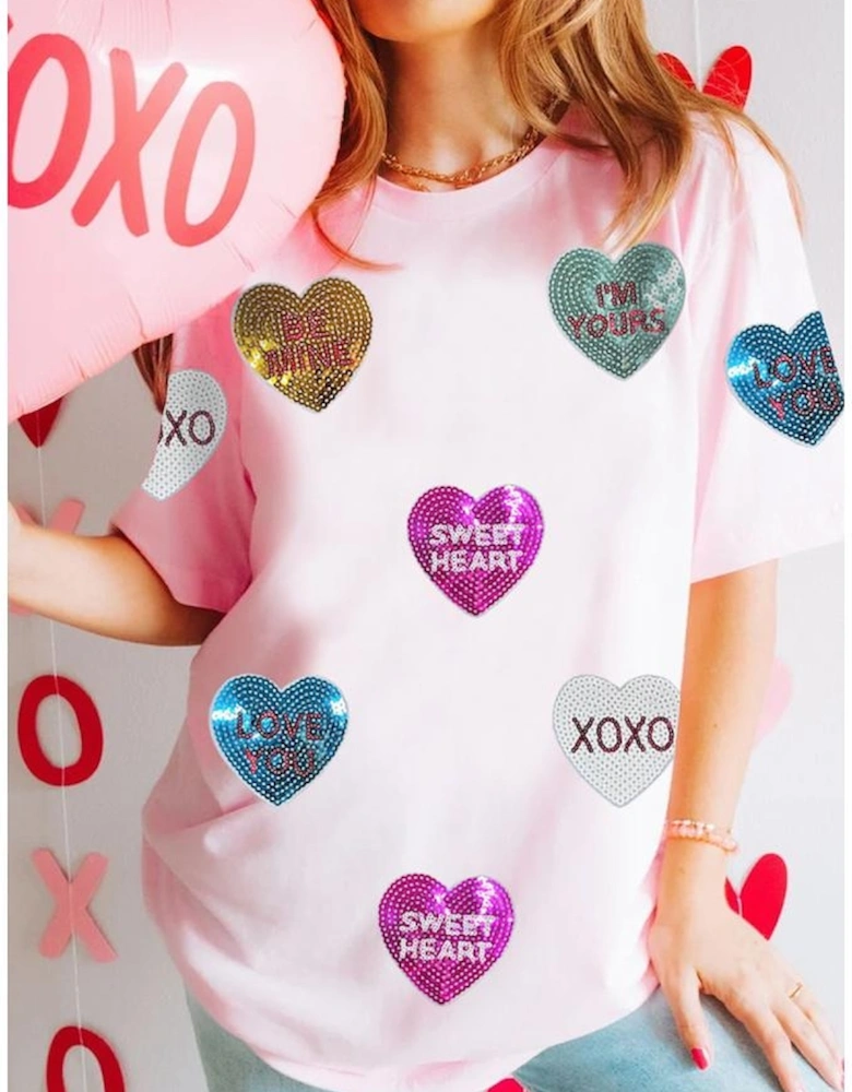 Pink Sequin Valentines Lettering Heart Patched Crewneck T Shirt