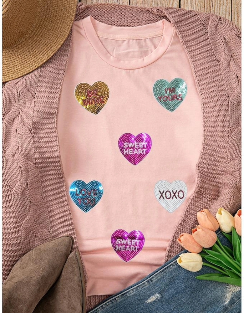 Pink Sequin Valentines Lettering Heart Patched Crewneck T Shirt