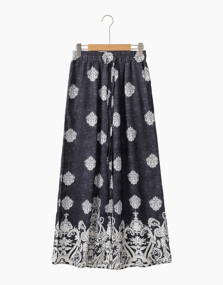Black Bohemian Printed Drawstring Waist Wide Leg Pants
