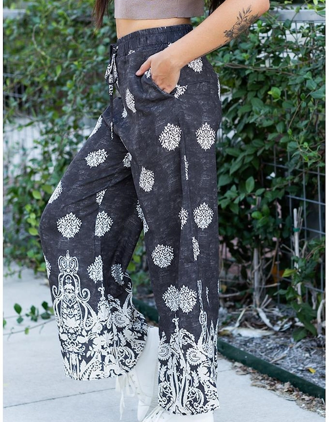 Black Bohemian Printed Drawstring Waist Wide Leg Pants