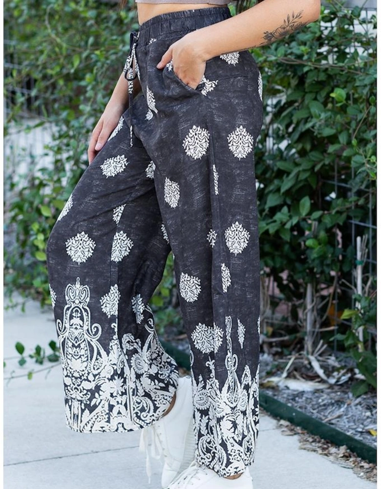 Black Bohemian Printed Drawstring Waist Wide Leg Pants