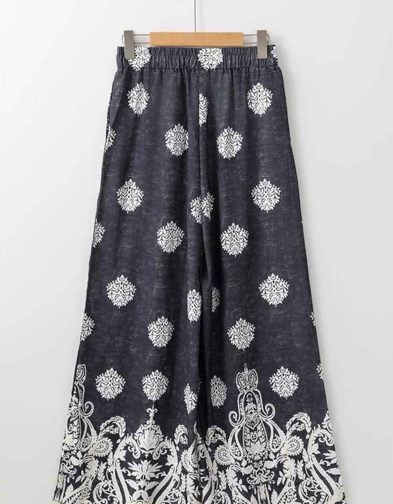 Black Bohemian Printed Drawstring Waist Wide Leg Pants