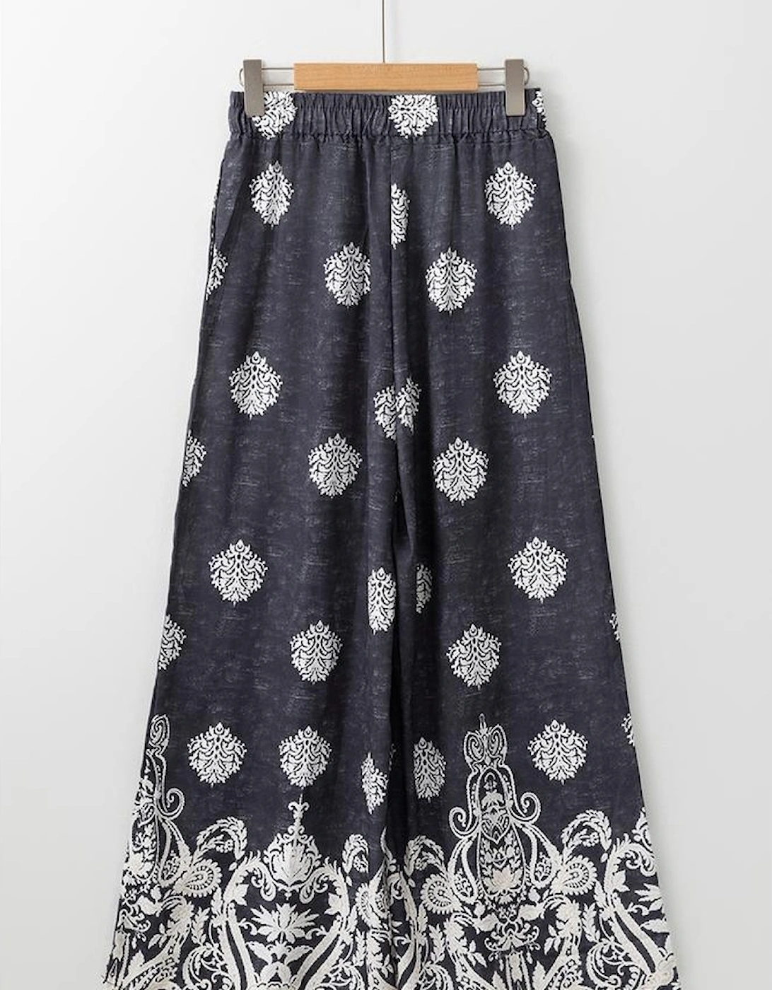 Black Bohemian Printed Drawstring Waist Wide Leg Pants