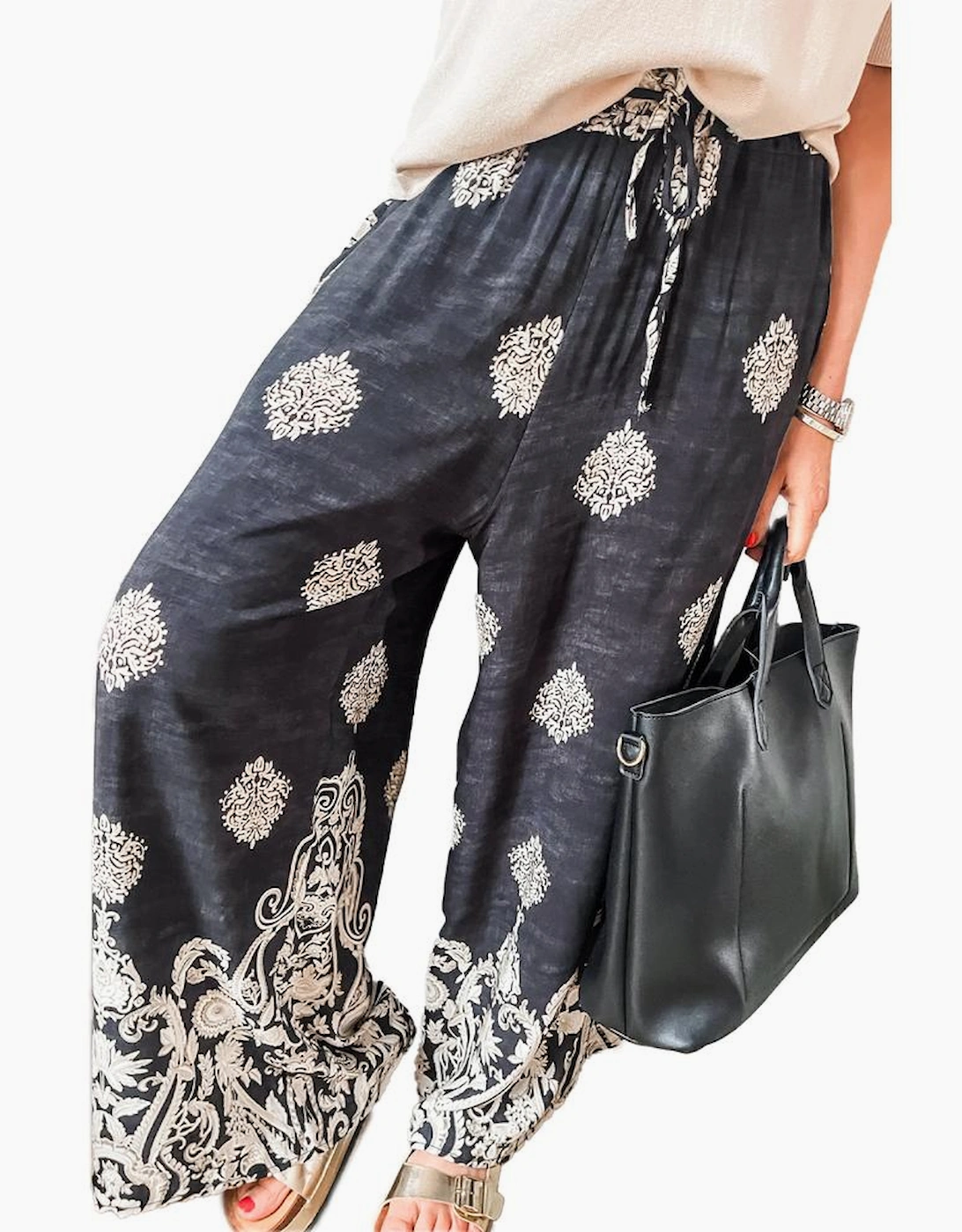 Black Bohemian Printed Drawstring Waist Wide Leg Pants