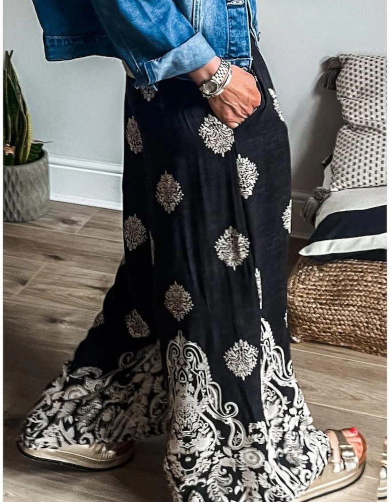 Black Bohemian Printed Drawstring Waist Wide Leg Pants