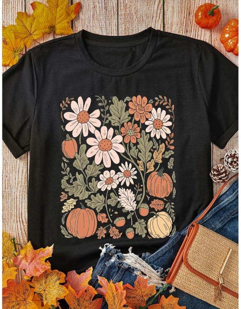 Black Wild Flower Pumpkin Print T Shirt