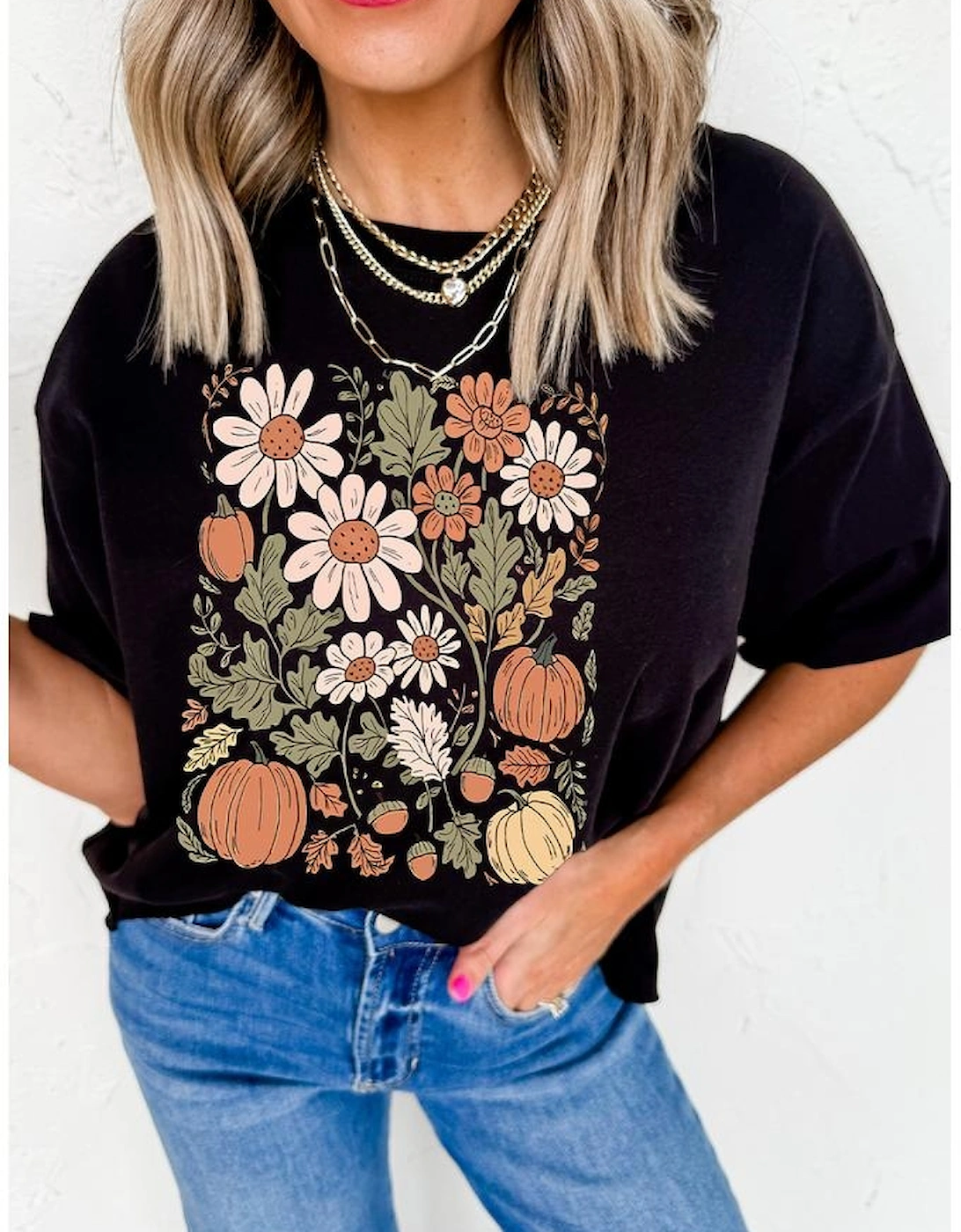 Black Wild Flower Pumpkin Print T Shirt
