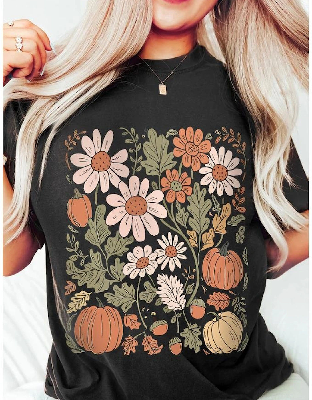 Black Wild Flower Pumpkin Print T Shirt