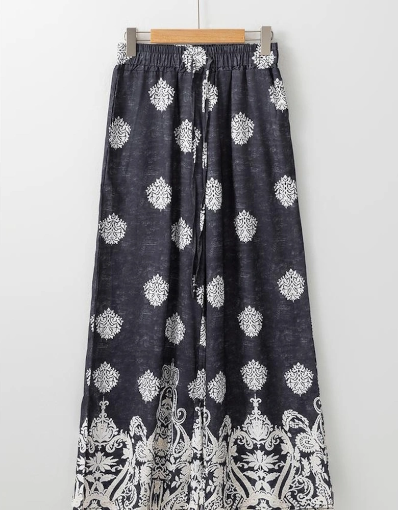 Black Bohemian Printed Drawstring Waist Wide Leg Pants