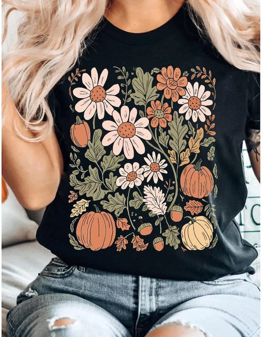 Black Wild Flower Pumpkin Print T Shirt