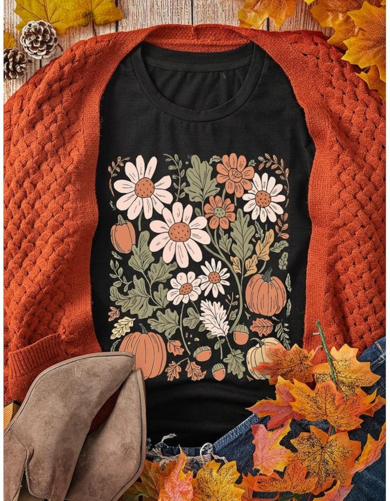 Black Wild Flower Pumpkin Print T Shirt