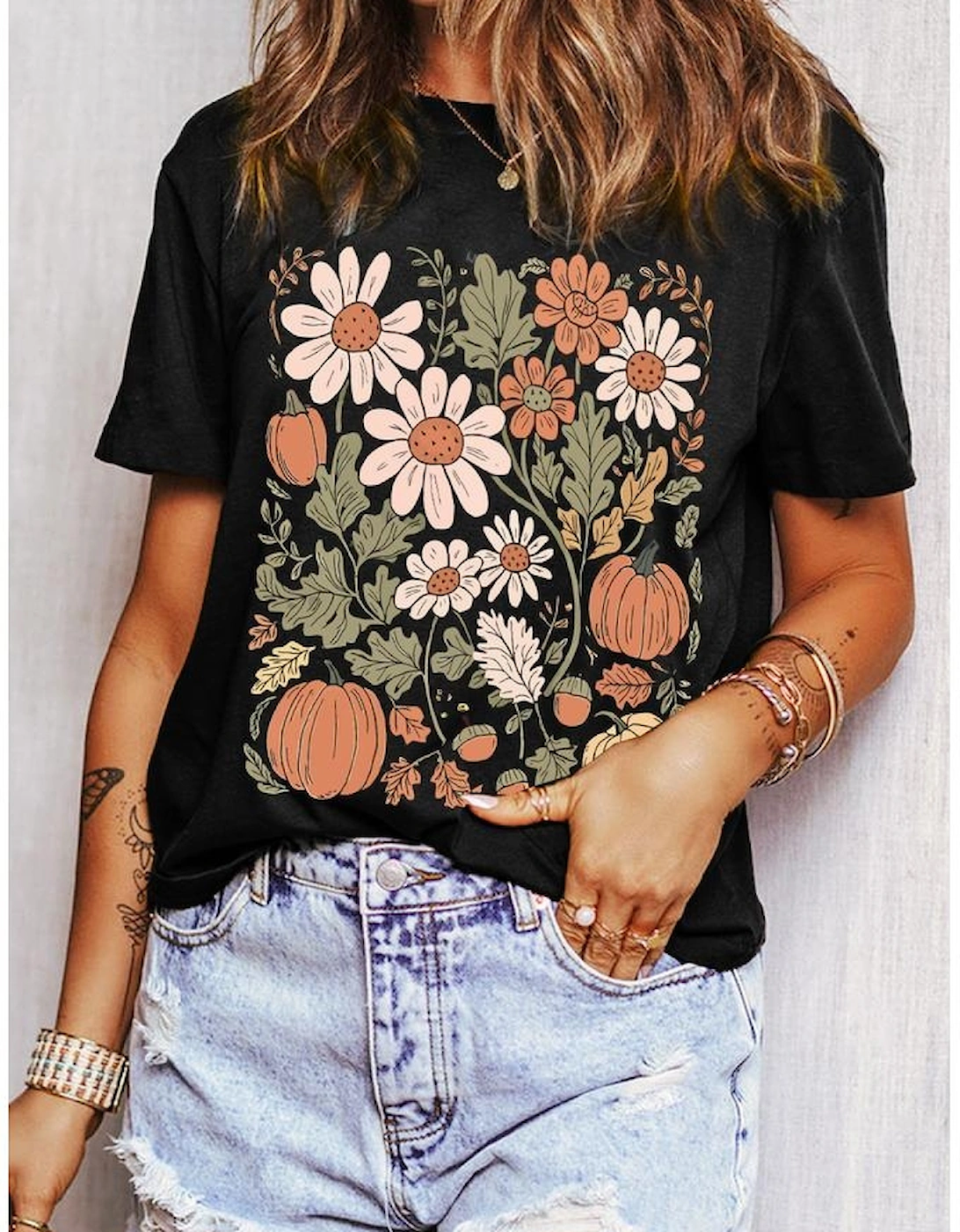 Black Wild Flower Pumpkin Print T Shirt