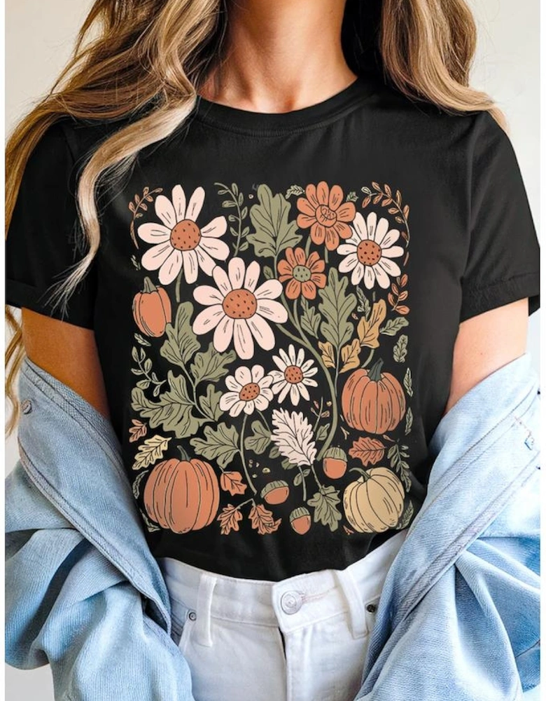 Black Wild Flower Pumpkin Print T Shirt
