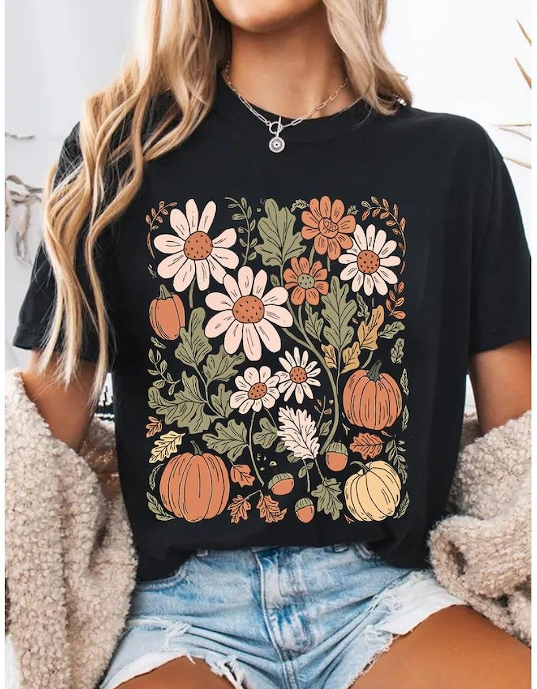 Black Wild Flower Pumpkin Print T Shirt