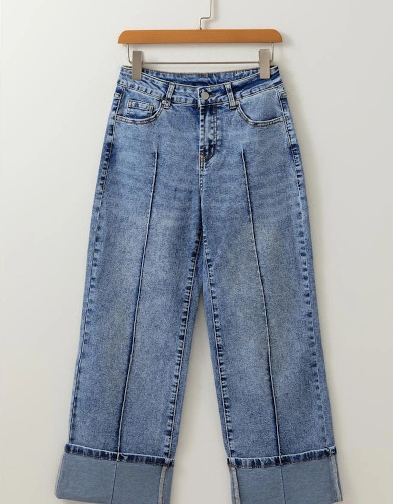 Myosotis Center Seam Cuffed Hem Straight High Waist Jeans
