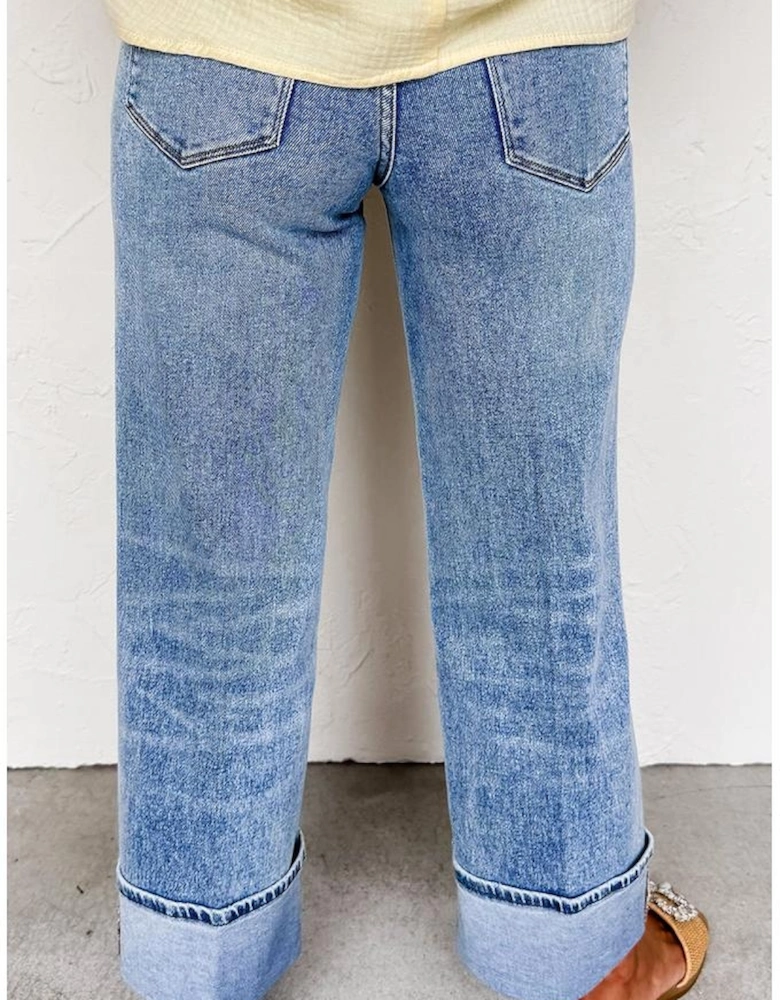 Myosotis Center Seam Cuffed Hem Straight High Waist Jeans