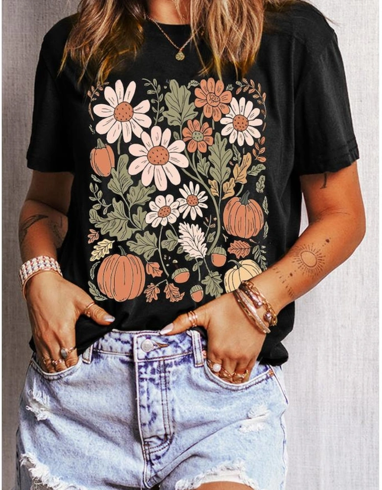 Black Wild Flower Pumpkin Print T Shirt