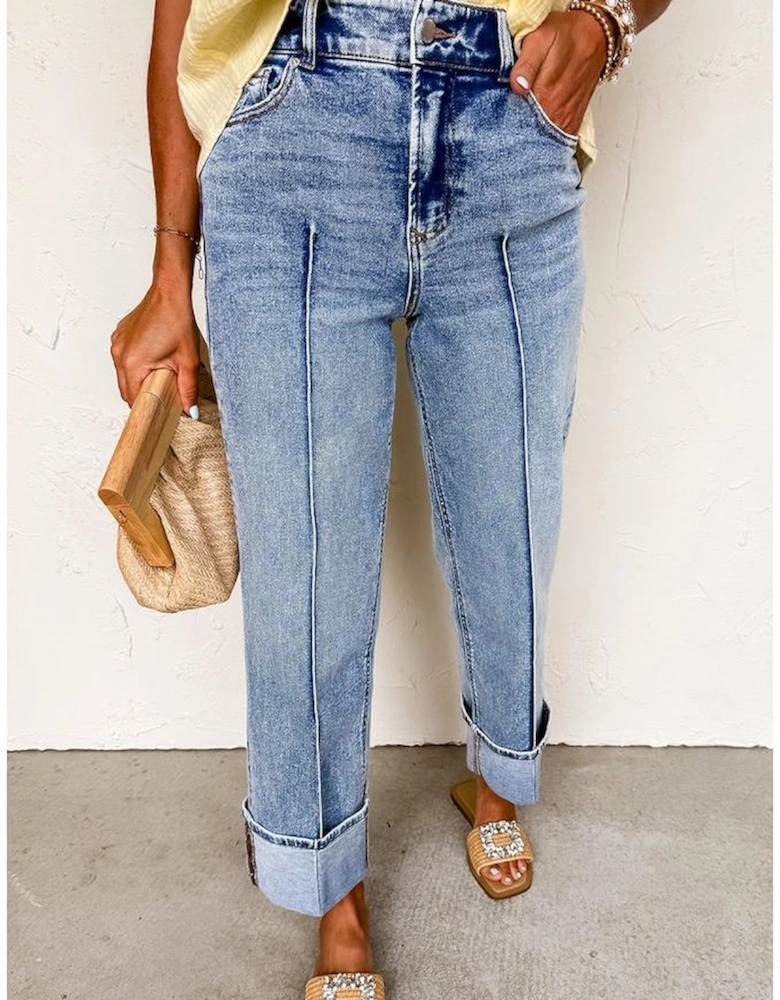 Myosotis Center Seam Cuffed Hem Straight High Waist Jeans