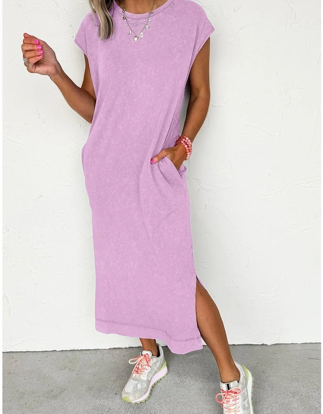 Wisteria Mineral Wash Pocketed T-shirt Long Dress
