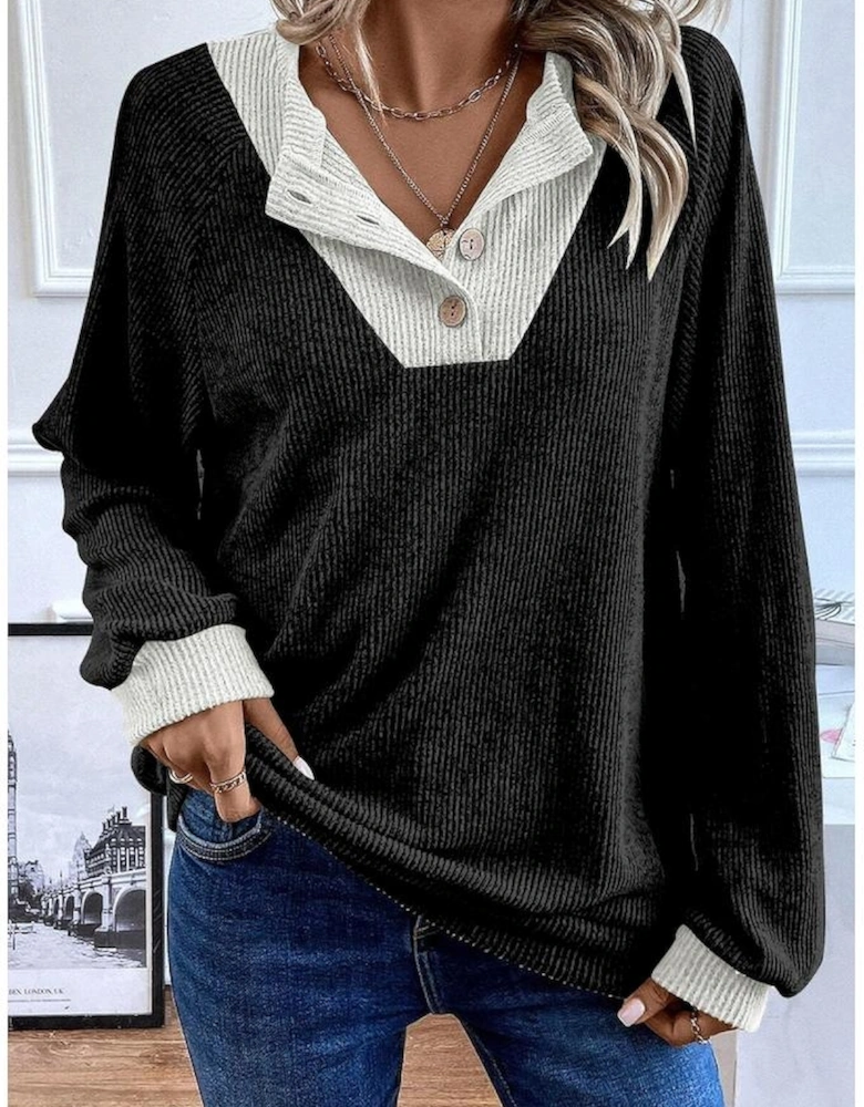 Black Color Contrast Ribbed Loose Fit Long Sleeve Top