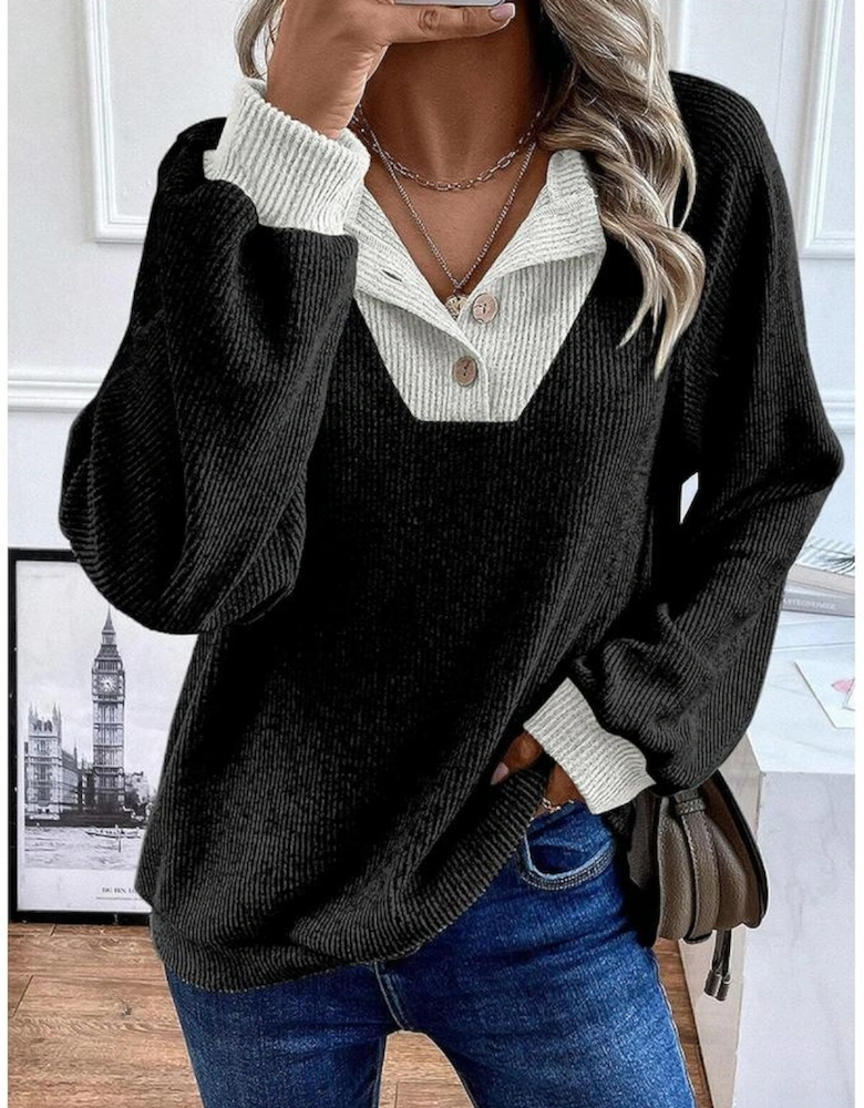 Black Color Contrast Ribbed Loose Fit Long Sleeve Top