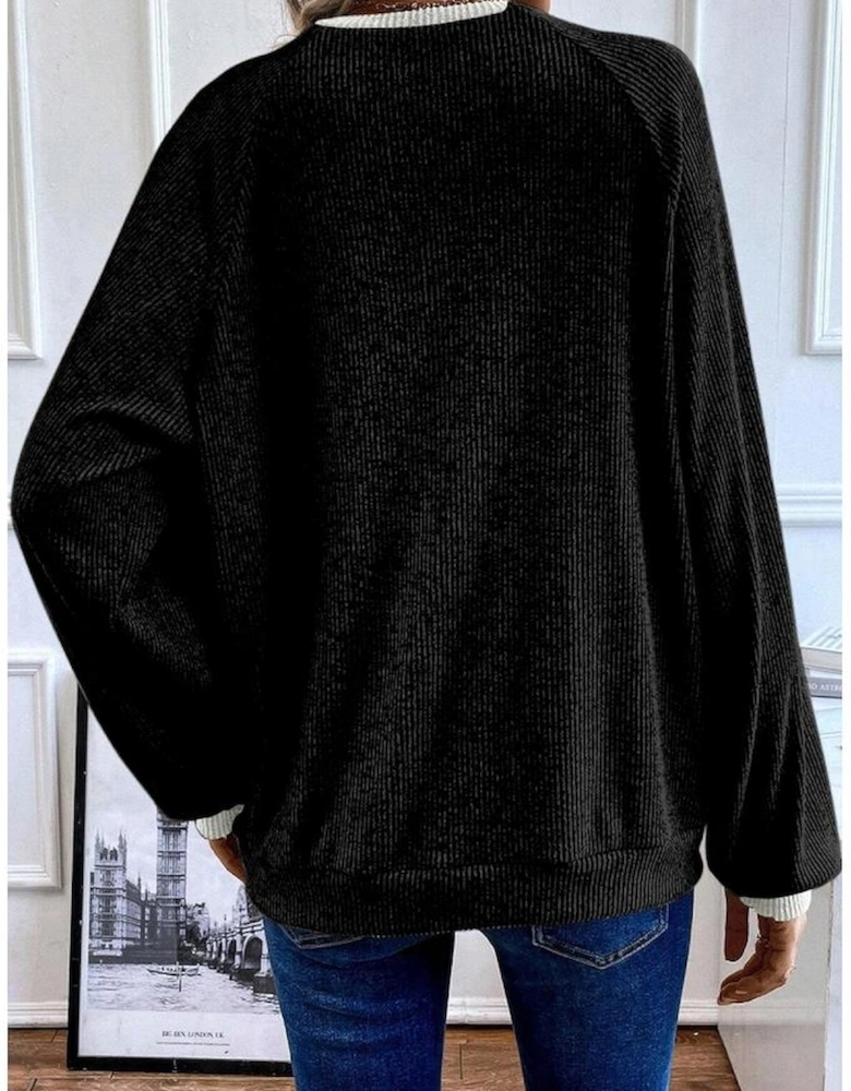 Black Color Contrast Ribbed Loose Fit Long Sleeve Top