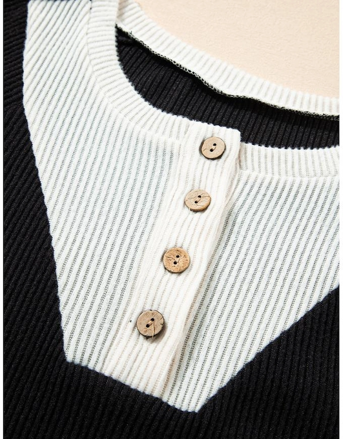 Black Color Contrast Ribbed Loose Fit Long Sleeve Top