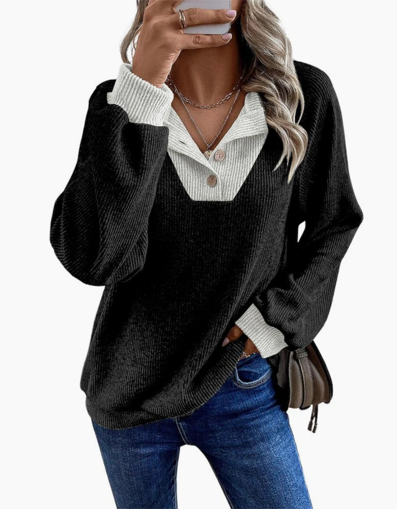 Black Color Contrast Ribbed Loose Fit Long Sleeve Top