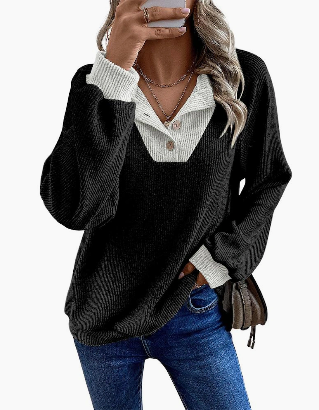 Black Color Contrast Ribbed Loose Fit Long Sleeve Top