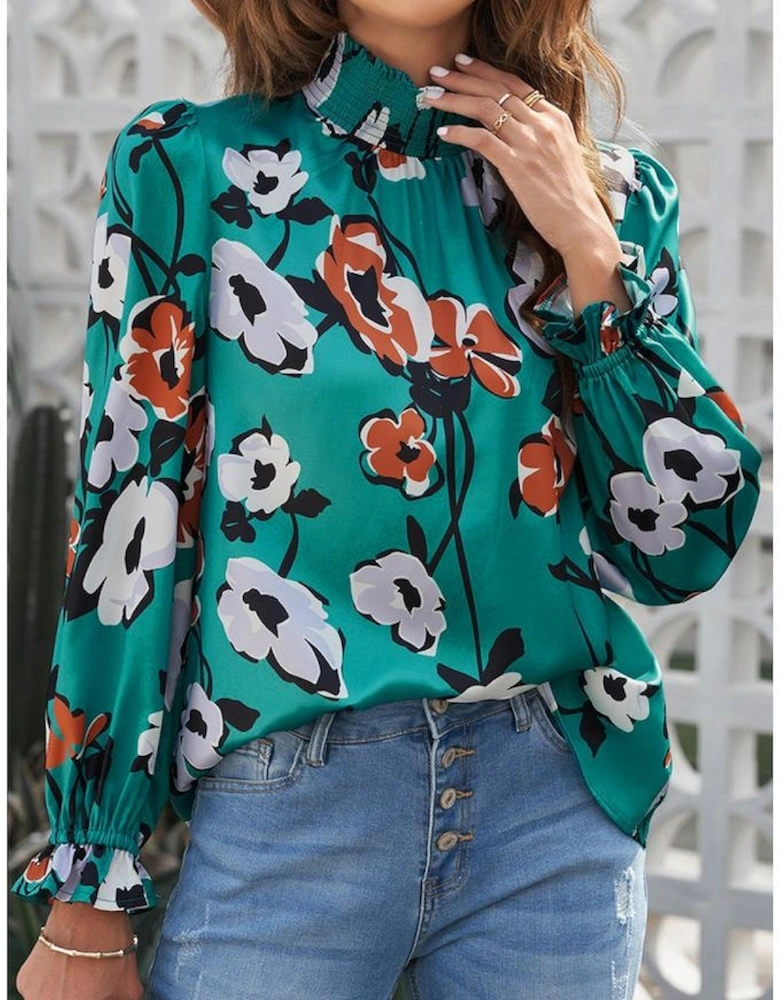 Floral Print Smocked Mock Neck Blouse