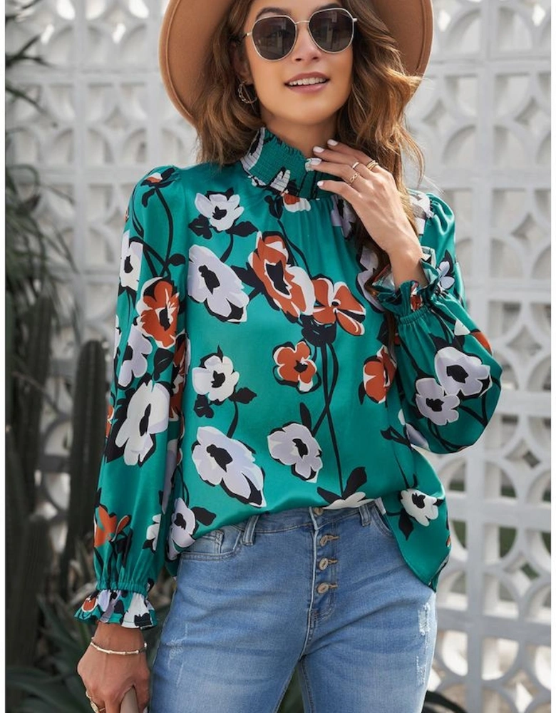 Floral Print Smocked Mock Neck Blouse